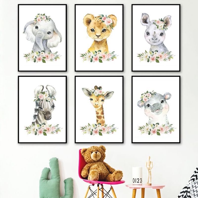 Baby Nursery Paintings - Bloemen Jungle Dieren Canvas Prints Kinderkamer