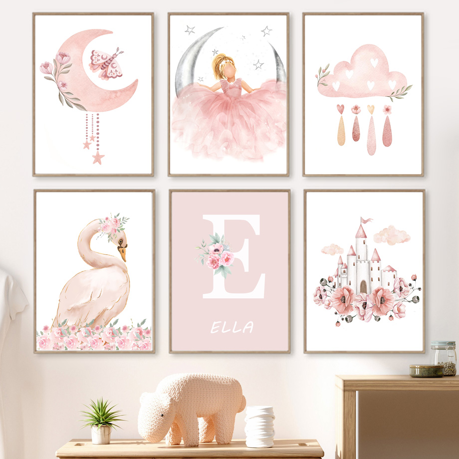 Baby Nursery Paintings - Roze Engel Meisje Zon Maan Wolk