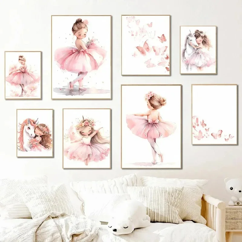 Baby Nursery Paintings - Roze Ballerina Meisje Eenhoorn Vlinder Poster