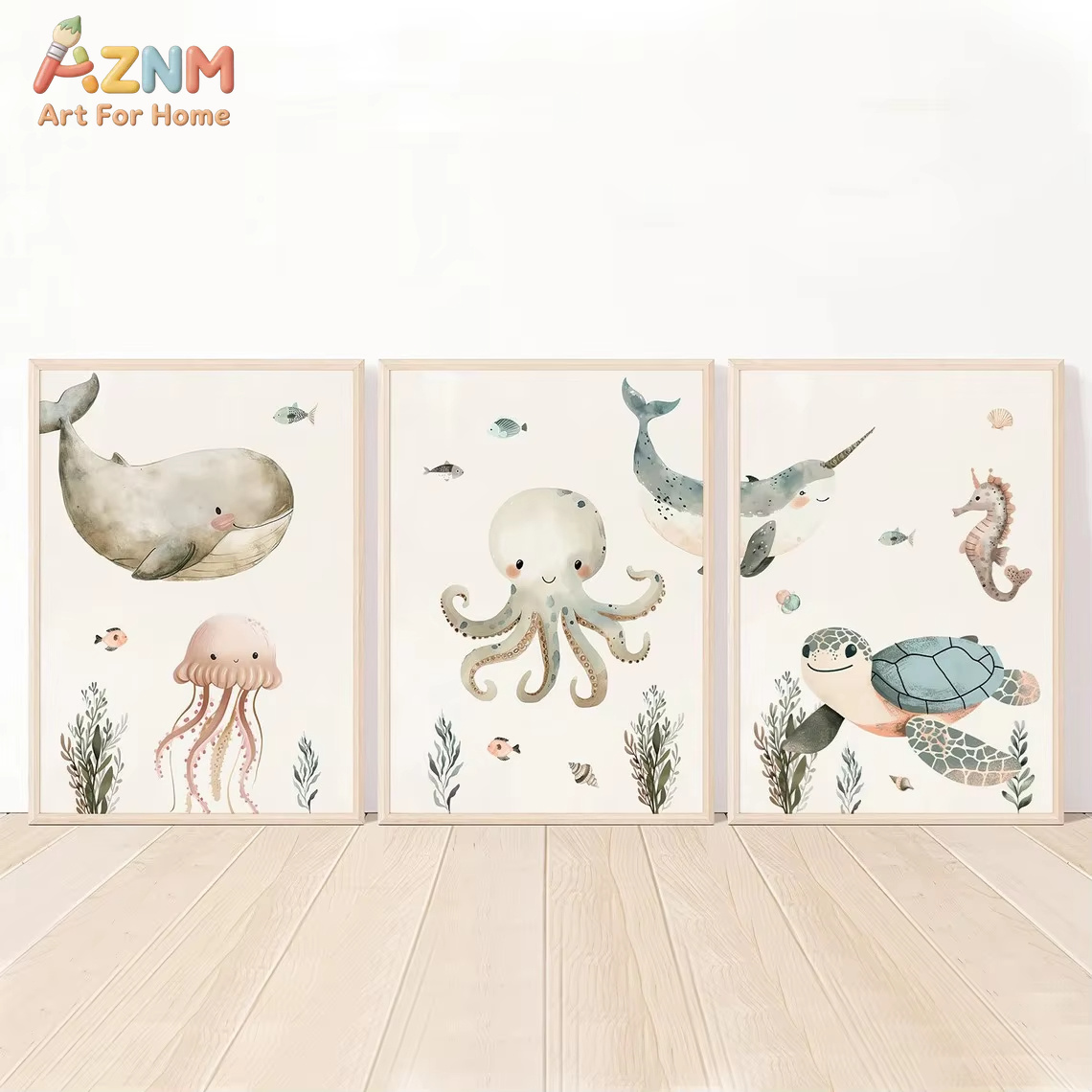 Baby Nursery Paintings - AZNM aquarel schattig oceaandier canvas kunst