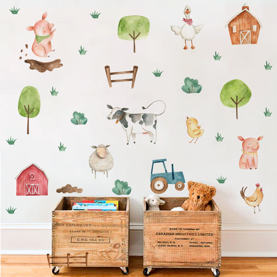 Baby Nursery Wall Decals - Boho Aquarel Schattige Boerderijdieren Varkensvee Muurstickers