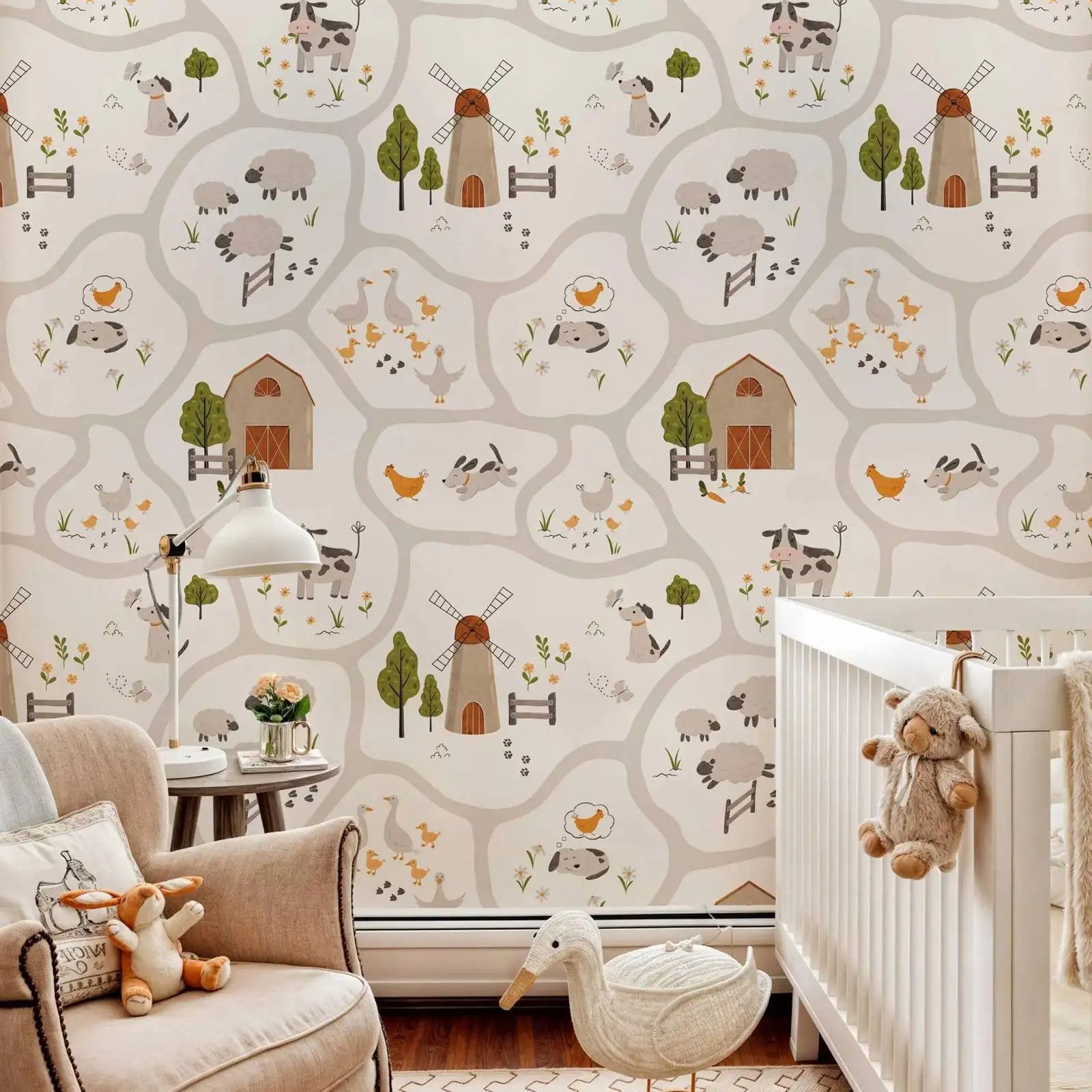 Baby Nursery Water - Leuke boerderijdieren kinderbehang schil en plak,
