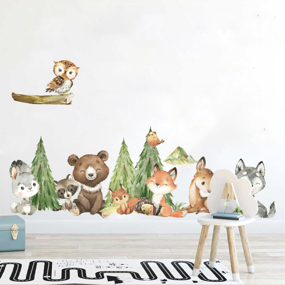 Baby Nursery Wallpaper - Cartoon aquarel bos dier muursticker kinderkamer