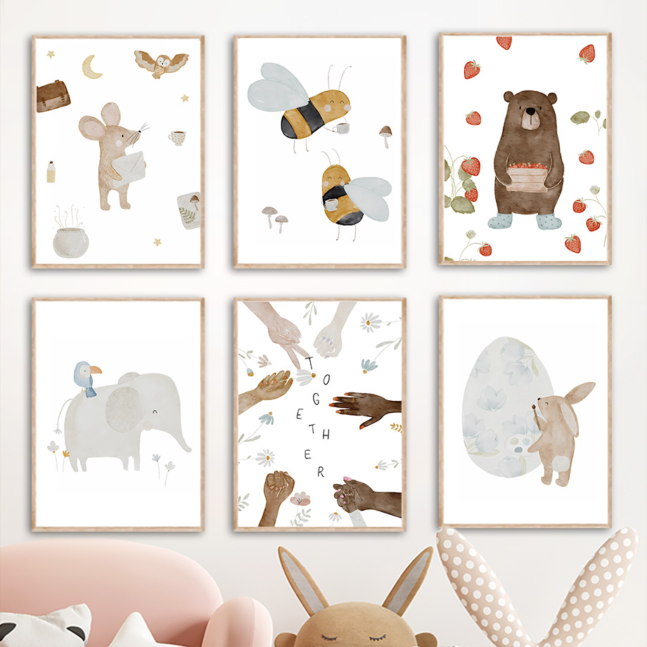 Baby Nursery Paintings - Boho dieren vrienden olifant konijn beer