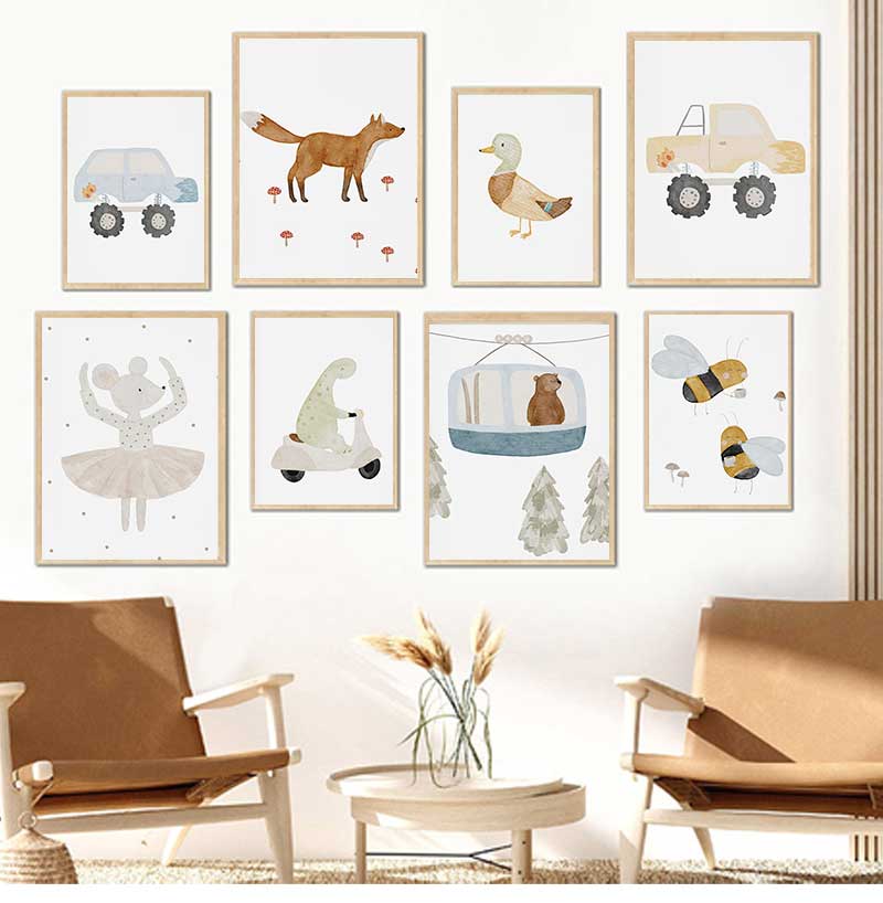 Baby Nursery Paintings - Cartoon Gans Bijen Beer Eend Dinosaurus
