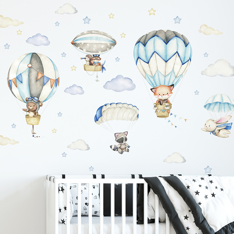 Baby Nursery Wallpaper - Cartoon Schattige Dieren Luchtballon Muurstickers voor