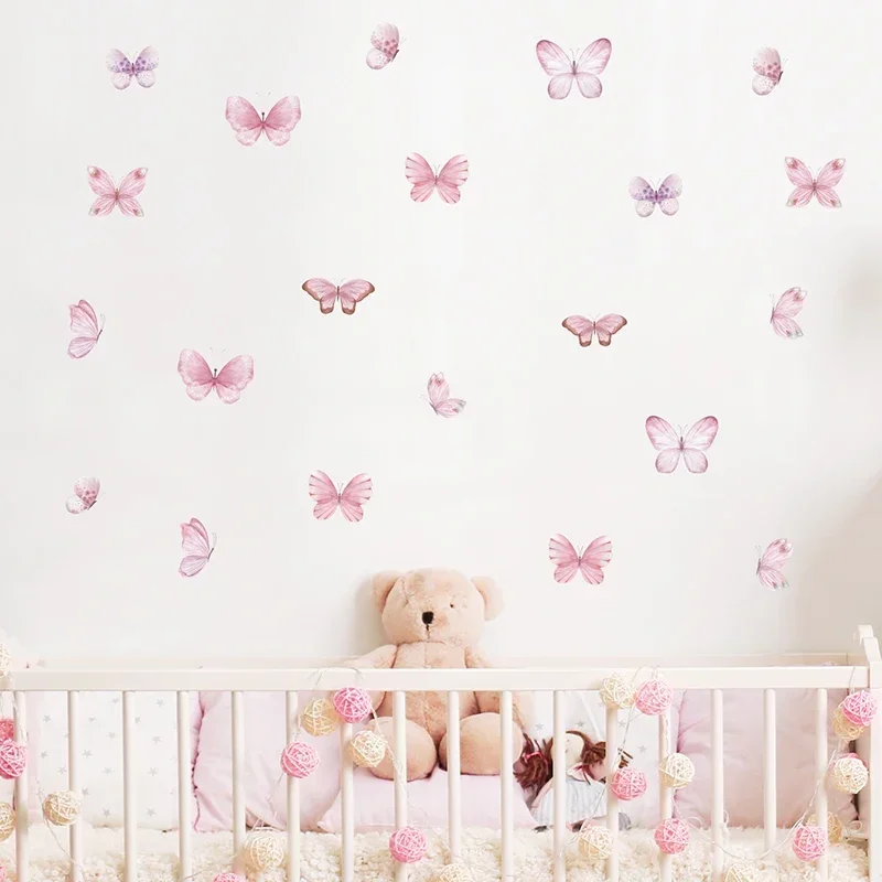 Baby Nursery Water - 17 stks aquarel roze vliegende vlinders