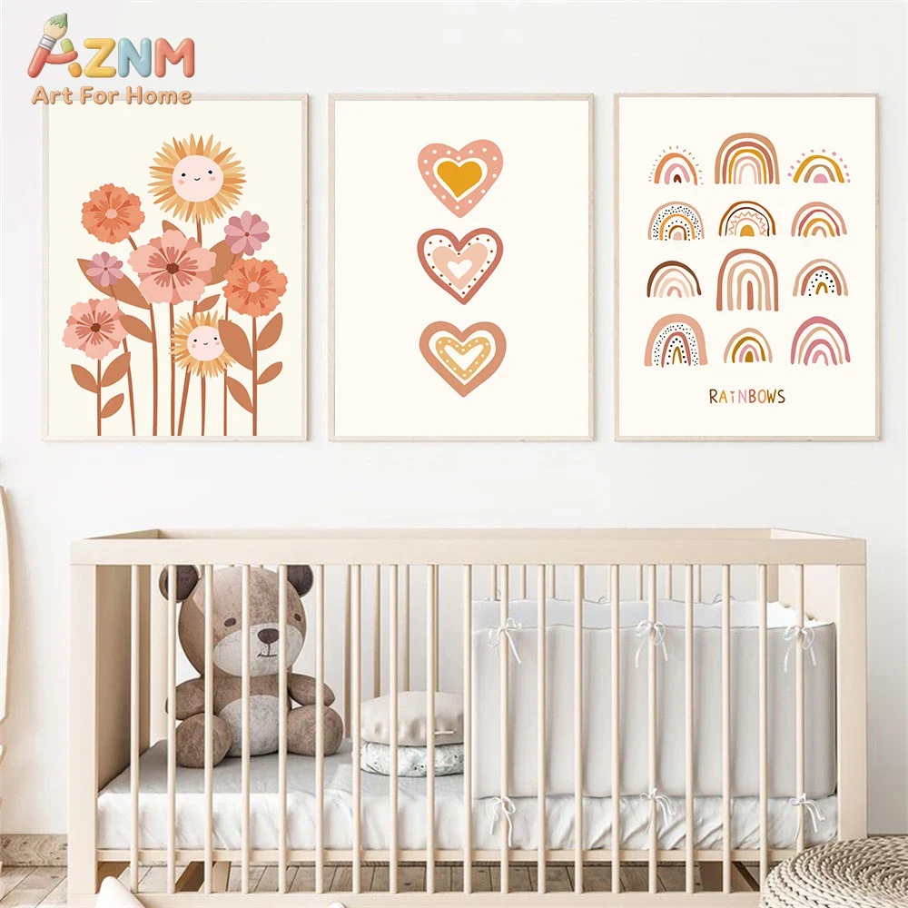 Baby Nursery Prints - AZNM Boho schattig zonnebloem hart regenboog