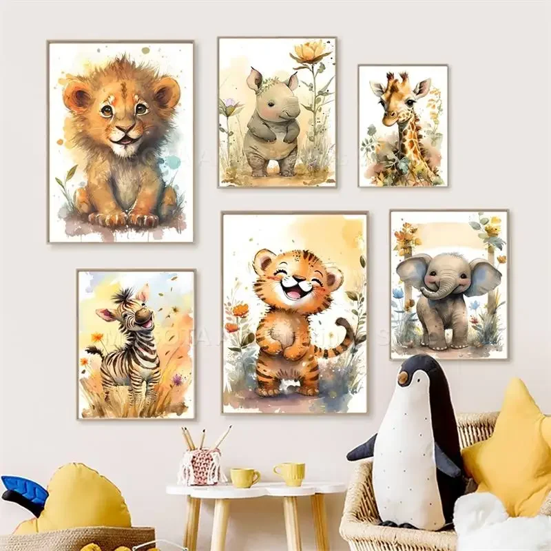 Baby Nursery Paintings - Aquarel Leeuw Giraffe Tijger Olifant Zebra