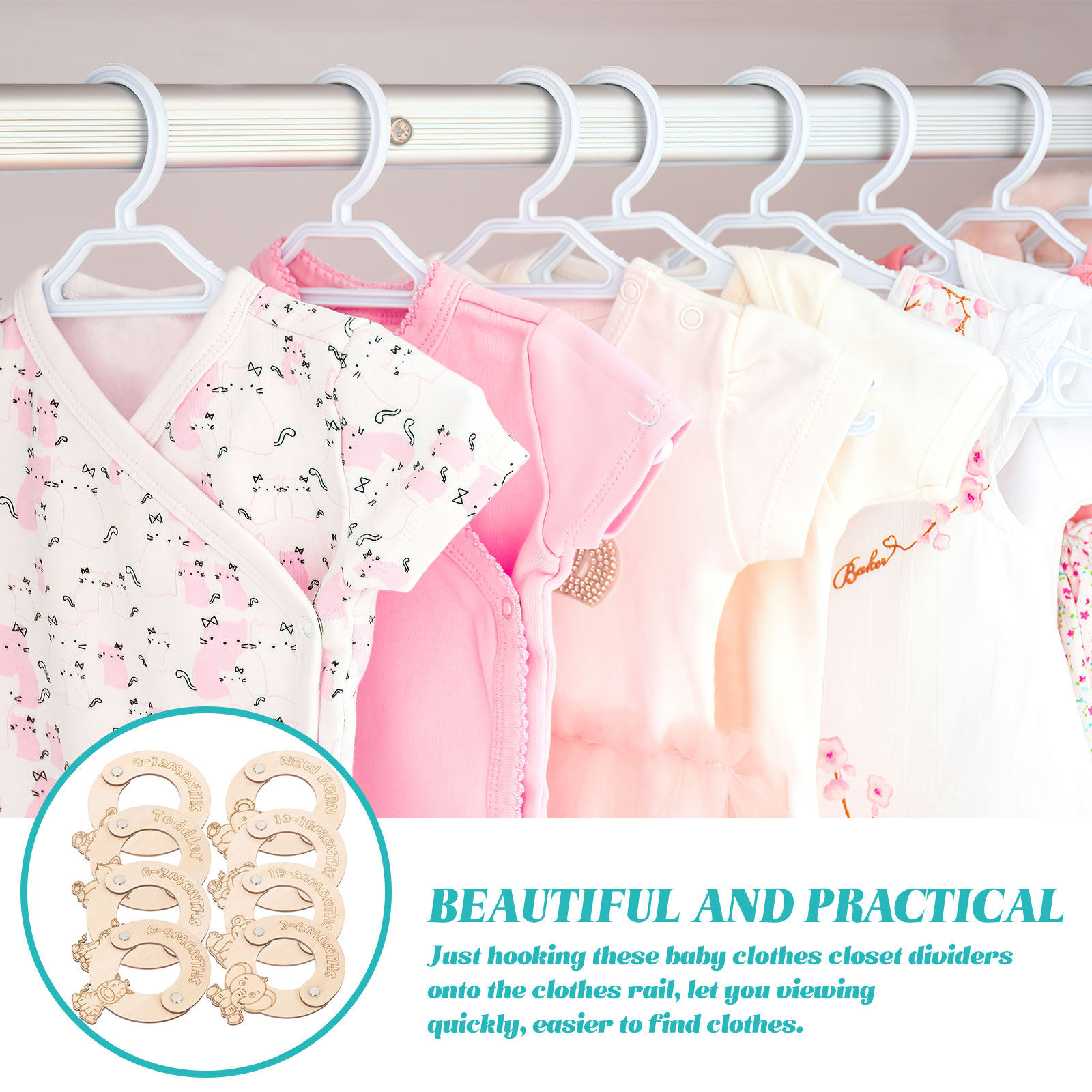 Closet Organizer Baby - 8-delige babykleding-organizer van hout, maatverdelers voor