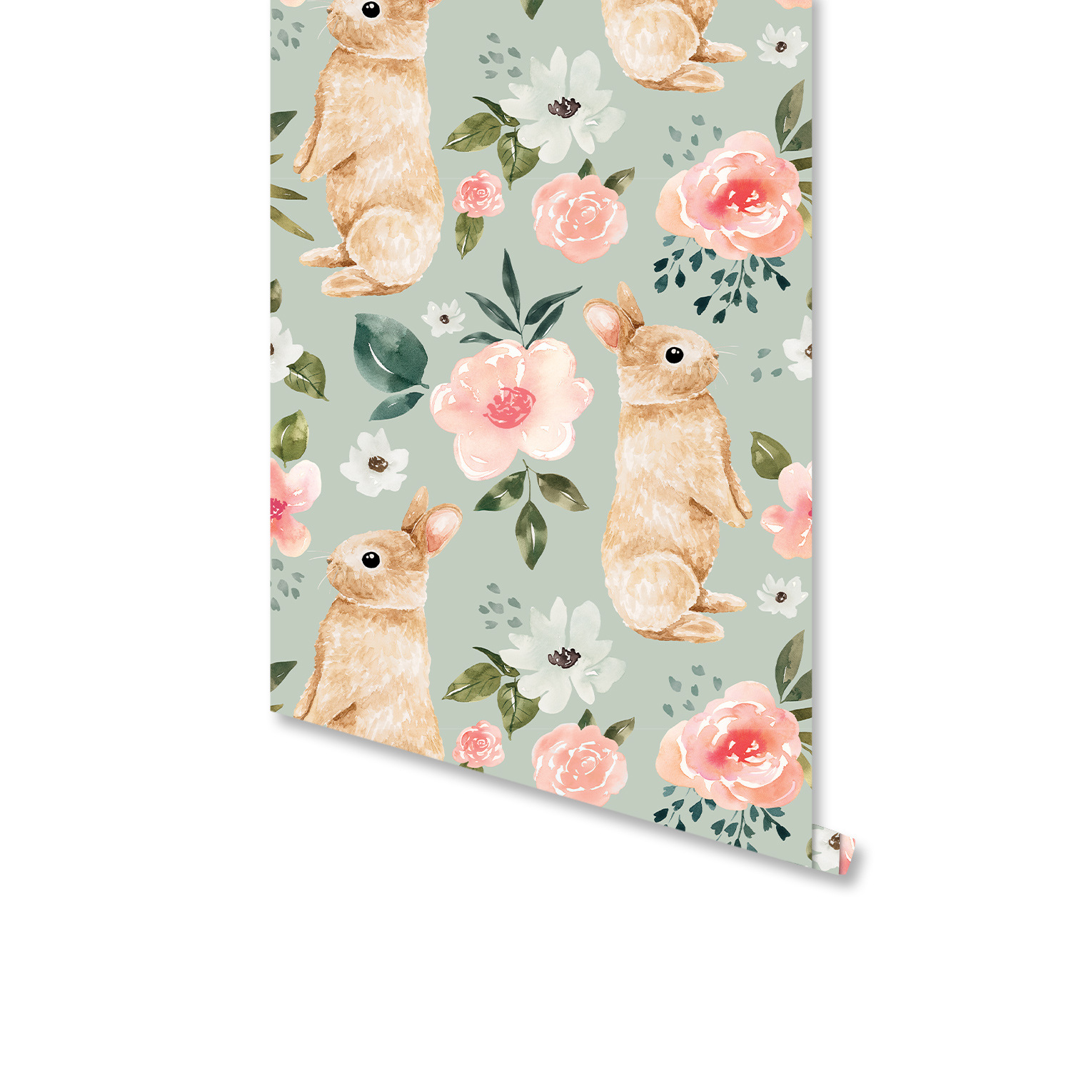 Baby Nursery Water - Saliegroen konijntje bloemenbehang konijn roze bloem