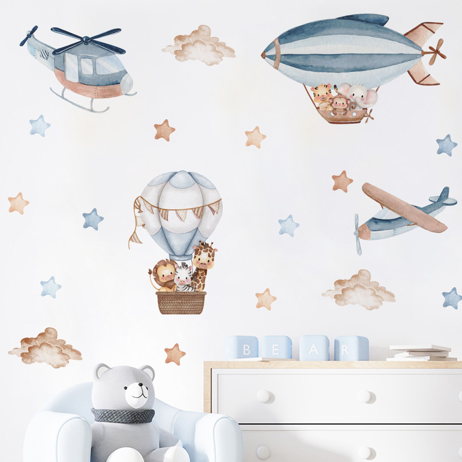 Baby Nursery Wallpaper - Aquarel Dieren Luchtballon Wolken Muurstickers voor