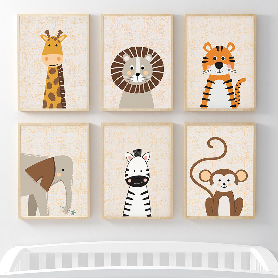 Baby Nursery Paintings - Leeuw Giraffe Olifant Zebra Aap Kinderkamer