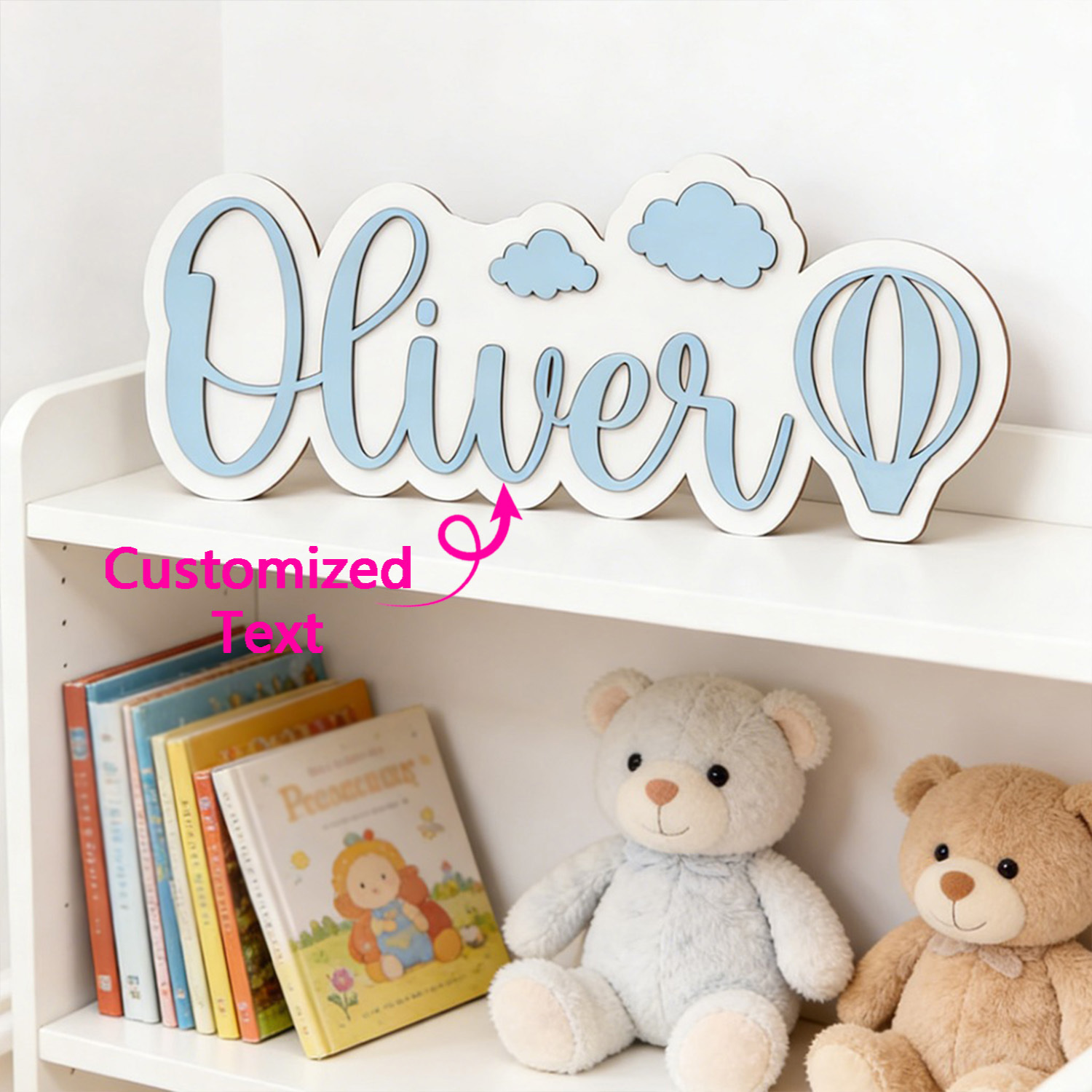 Baby Nursery In - Gepersonaliseerde warmeluchtballon & wolk naamkamerbord, aanpasbaar