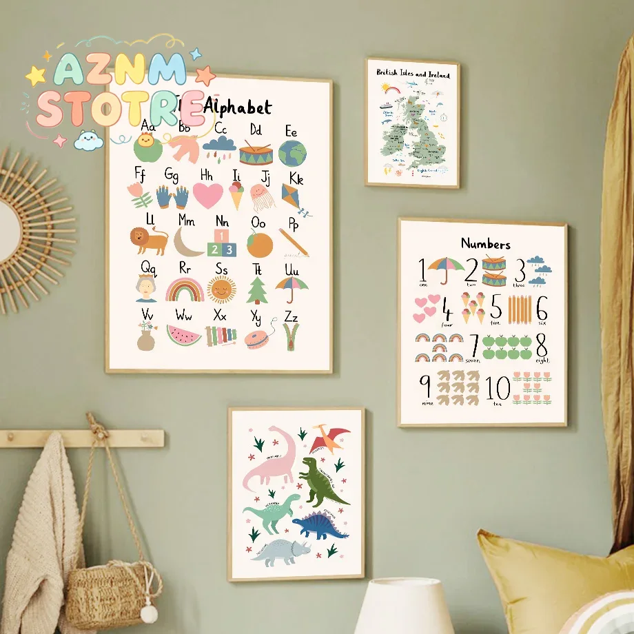 Baby Nursery Home - Dierenwereldkaart Dinosaurus Alfabet Nummer Canvas Wandkunst