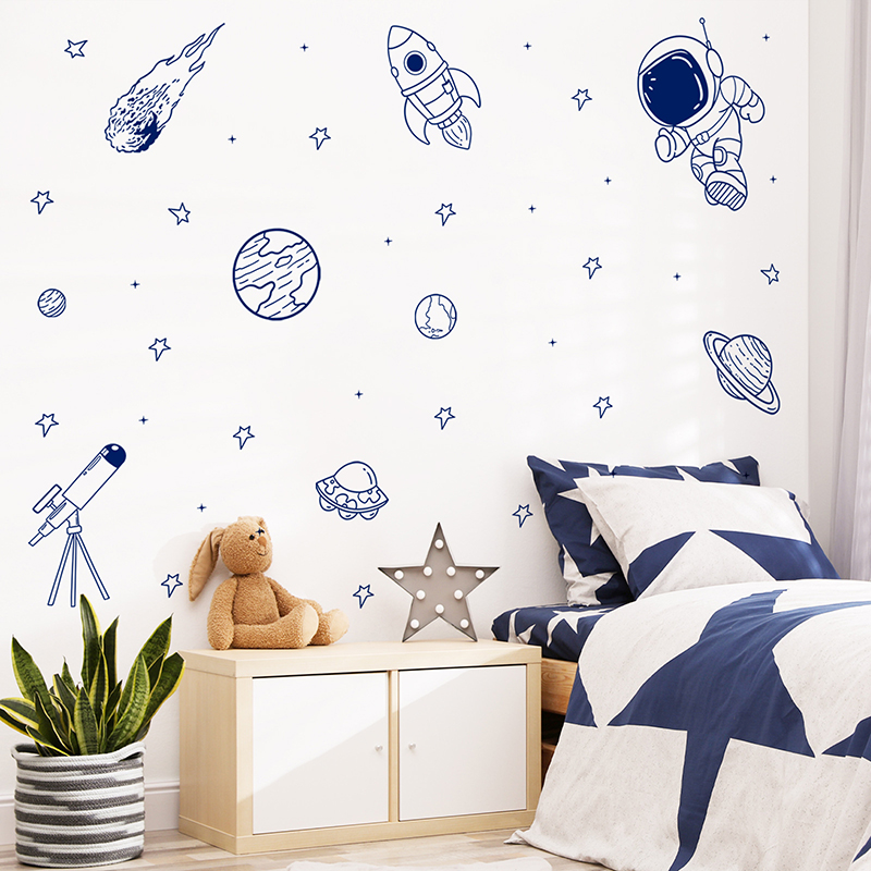 Baby Nursery Wallpaper - Cartoon Universe Astronaut Planeet Raket Muursticker
