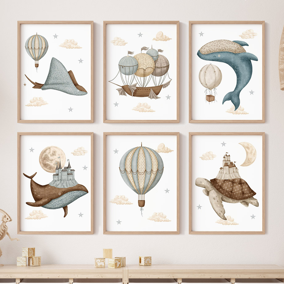 Baby Nursery Paintings - Walvisschildpad Kasteel Ballon Scandinavische Kinderkamer Wandkunst