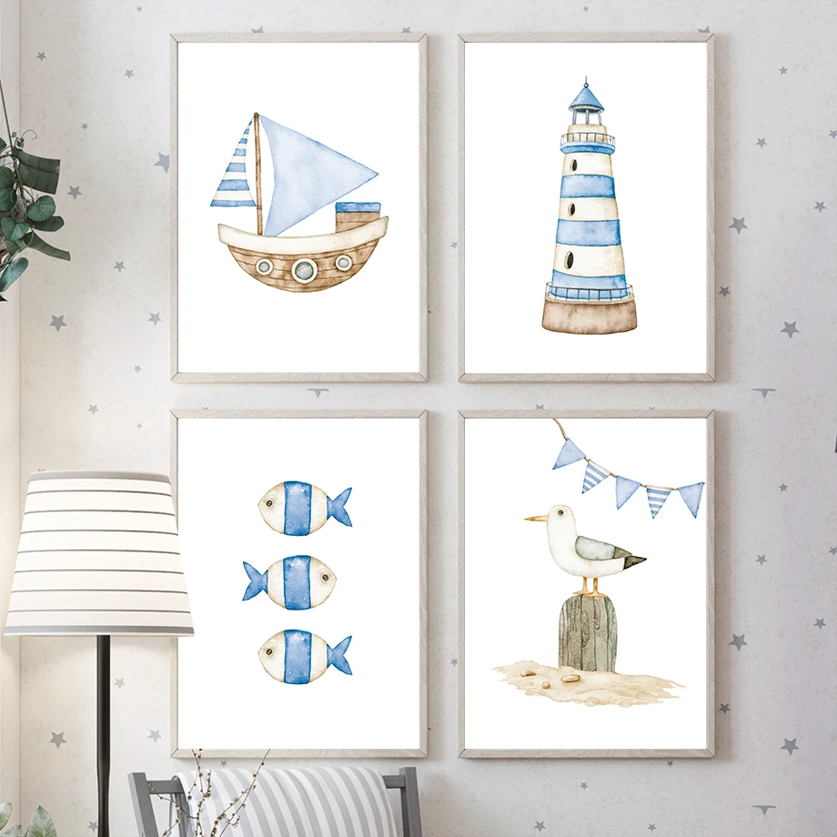 Zeilboot Vuurtoren Vis Nautisc - Baby Nursery Paintings recensie en prijs